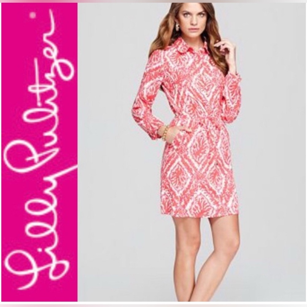 Lilly Pulitzer long Sleeve Buttoned dress Coral Reef Dress size 6